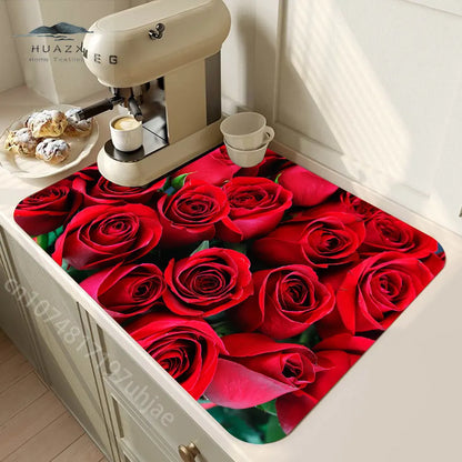 Rose Flower Printed Drain Pad Super Absorbent Anti-Slip Dish Drying Mat Waterproof Tableware Diatomic Aesthetic Kitchen Decor