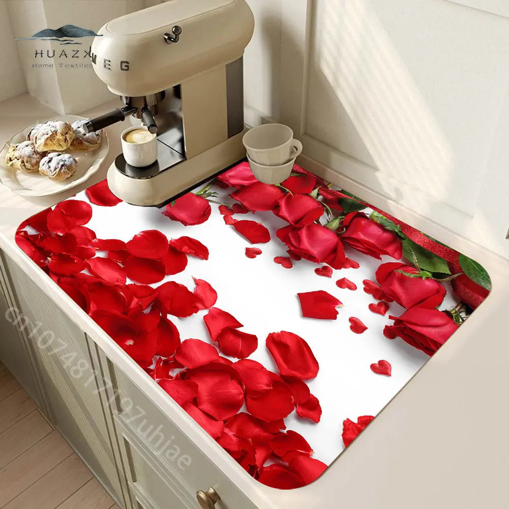 Rose Flower Printed Drain Pad Super Absorbent Anti-Slip Dish Drying Mat Waterproof Tableware Diatomic Aesthetic Kitchen Decor