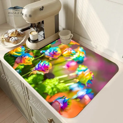 Rose Flower Printed Drain Pad Super Absorbent Anti-Slip Dish Drying Mat Waterproof Tableware Diatomic Aesthetic Kitchen Decor