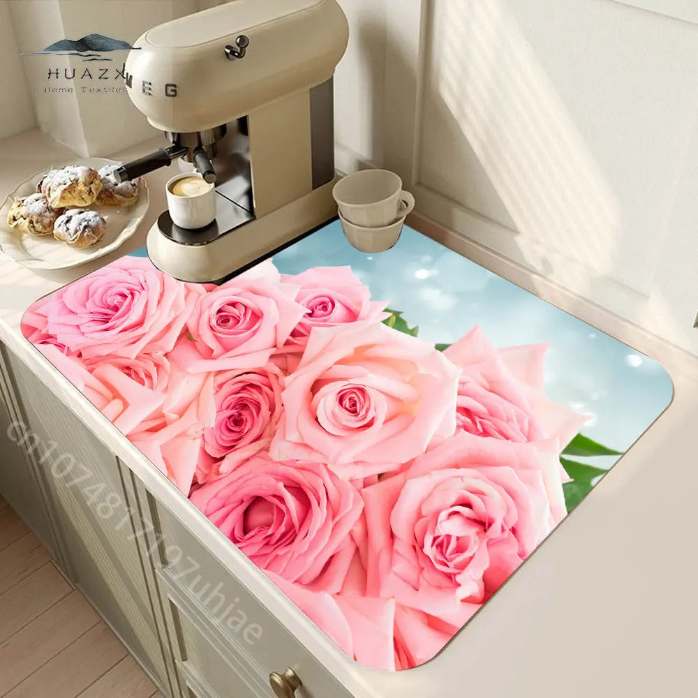 Rose Flower Printed Drain Pad Super Absorbent Anti-Slip Dish Drying Mat Waterproof Tableware Diatomic Aesthetic Kitchen Decor