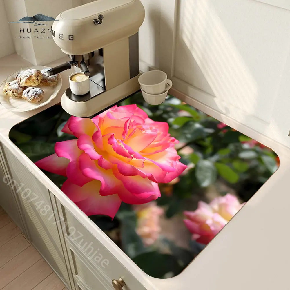 Rose Flower Printed Drain Pad Super Absorbent Anti-Slip Dish Drying Mat Waterproof Tableware Diatomic Aesthetic Kitchen Decor
