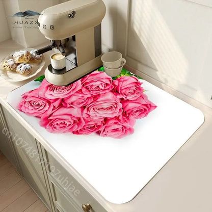 Rose Flower Printed Drain Pad Super Absorbent Anti-Slip Dish Drying Mat Waterproof Tableware Diatomic Aesthetic Kitchen Decor