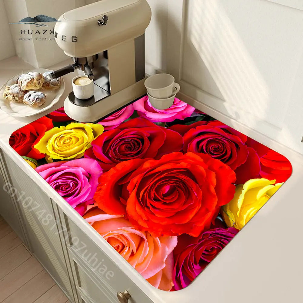 Rose Flower Printed Drain Pad Super Absorbent Anti-Slip Dish Drying Mat Waterproof Tableware Diatomic Aesthetic Kitchen Decor