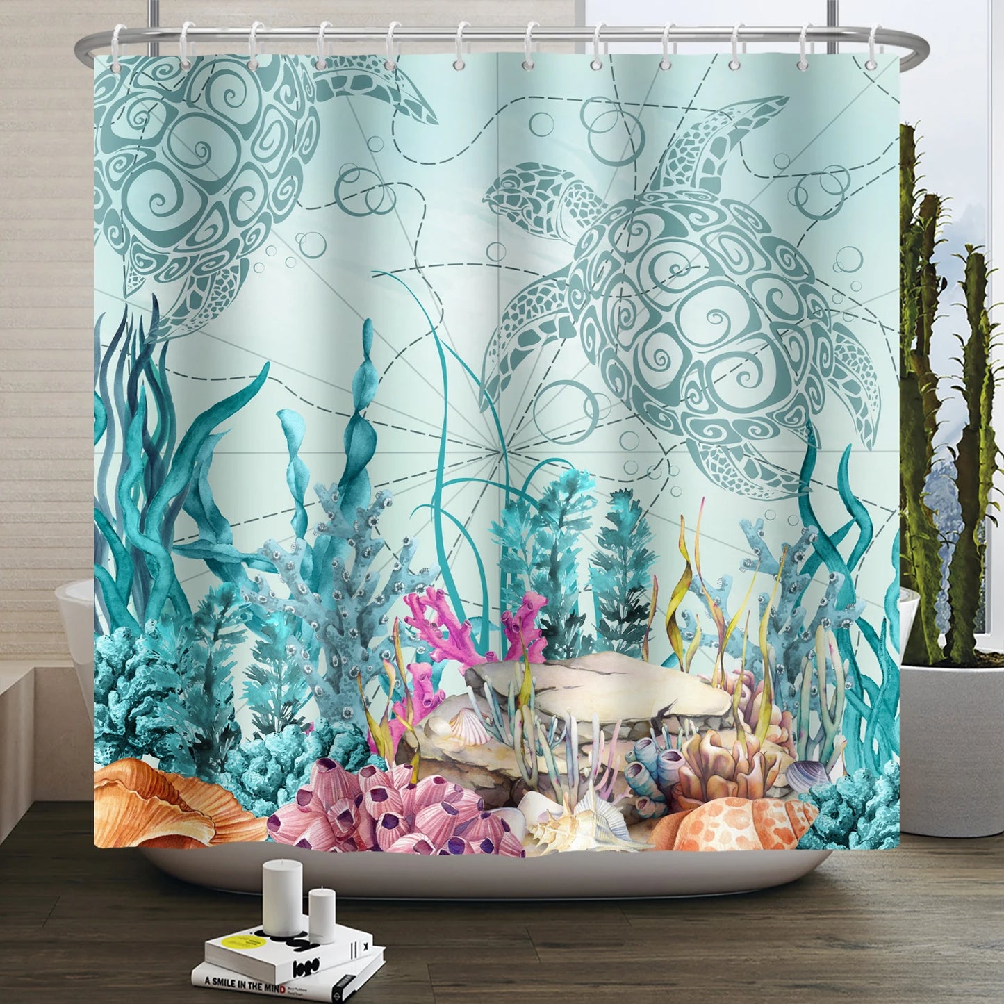 Sea Turtle Shower Curtain Ocean Animals Jellyfish Seahorse Starfish Nautical Underwater Marine Life Waterproof Bathroom Curtain