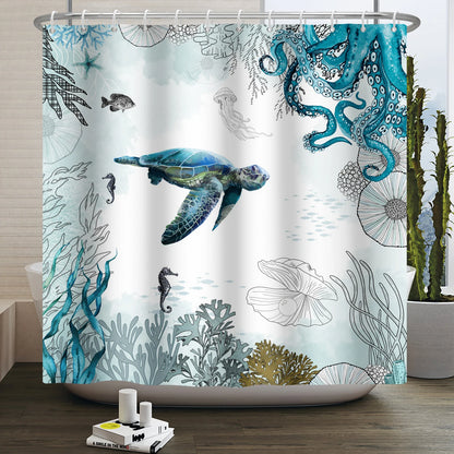 Sea Turtle Shower Curtain Ocean Animals Jellyfish Seahorse Starfish Nautical Underwater Marine Life Waterproof Bathroom Curtain