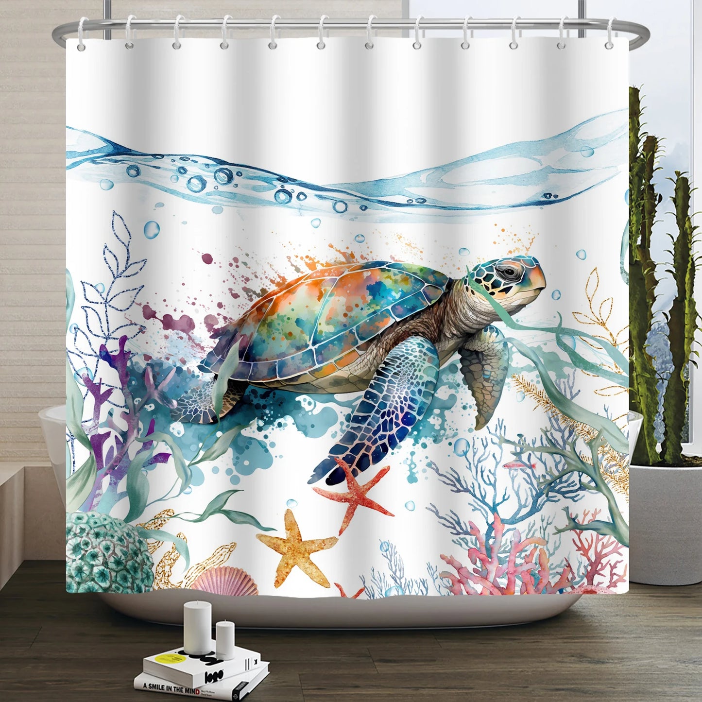 Sea Turtle Shower Curtain Ocean Animals Jellyfish Seahorse Starfish Nautical Underwater Marine Life Waterproof Bathroom Curtain