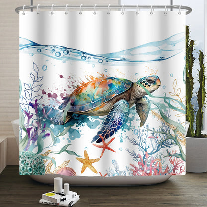 Sea Turtle Shower Curtain Ocean Animals Jellyfish Seahorse Starfish Nautical Underwater Marine Life Waterproof Bathroom Curtain