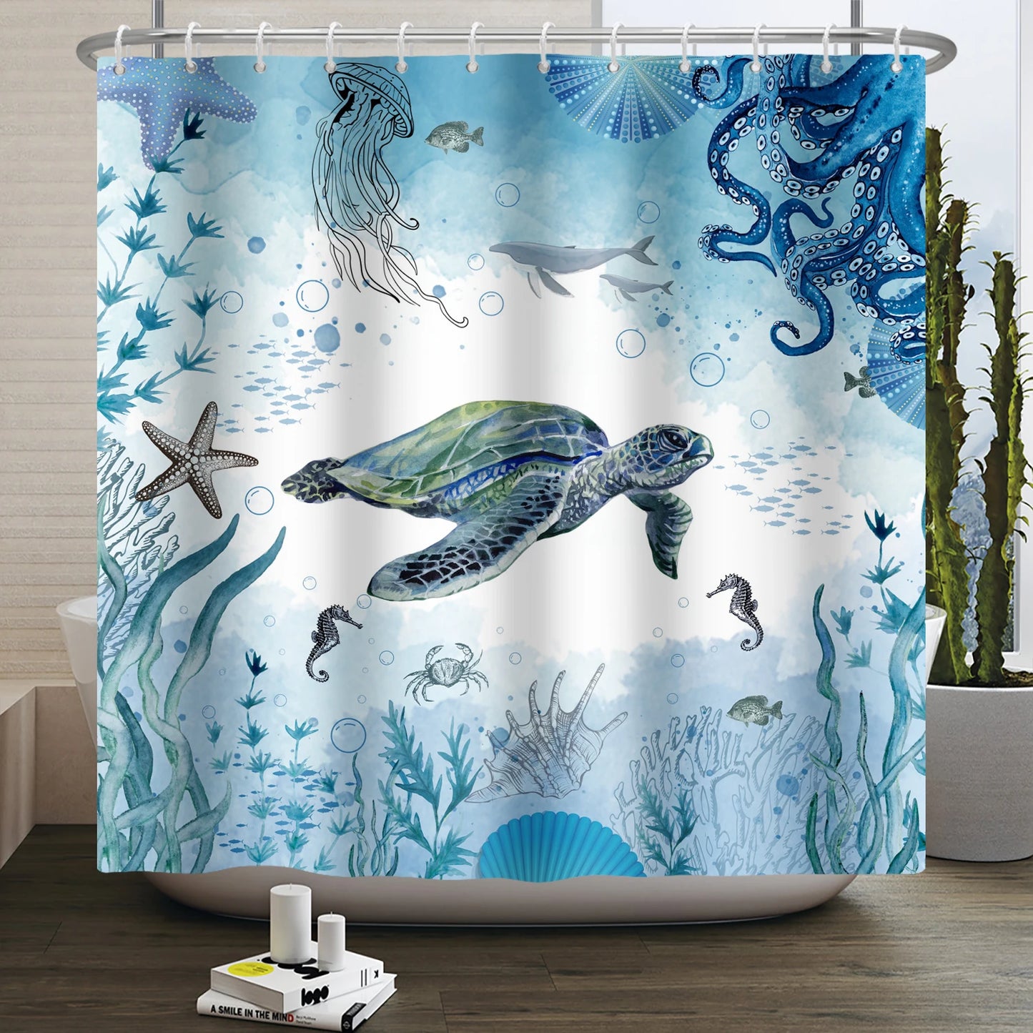 Sea Turtle Shower Curtain Ocean Animals Jellyfish Seahorse Starfish Nautical Underwater Marine Life Waterproof Bathroom Curtain