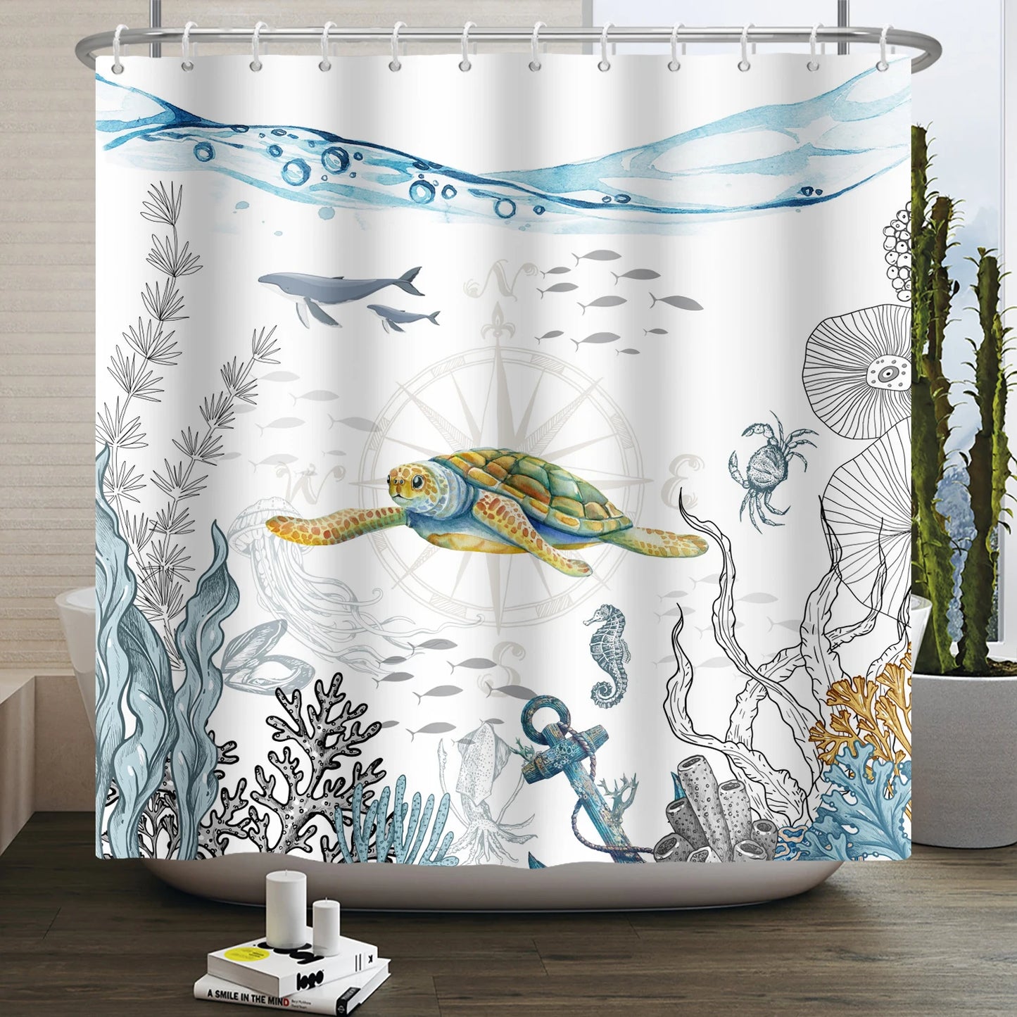Sea Turtle Shower Curtain Ocean Animals Jellyfish Seahorse Starfish Nautical Underwater Marine Life Waterproof Bathroom Curtain