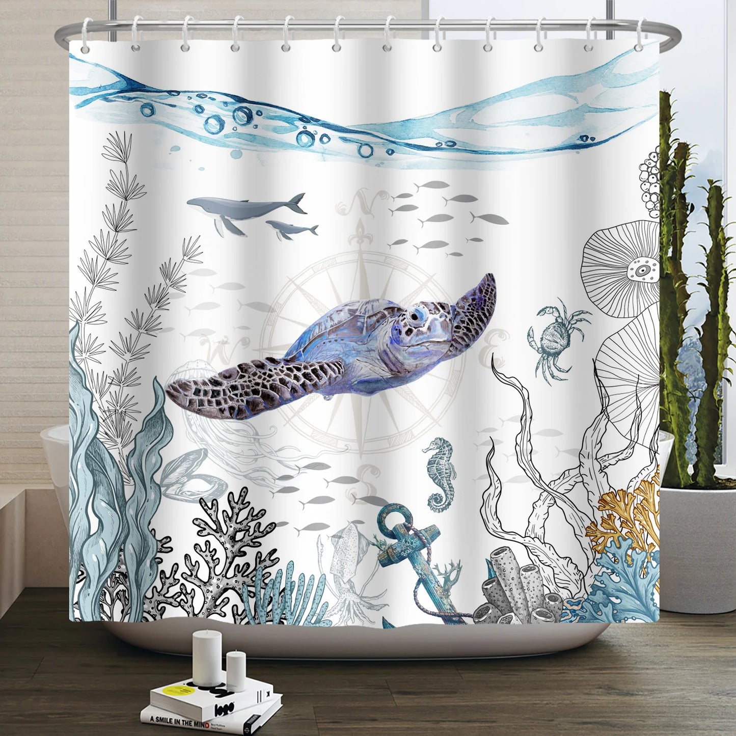 Sea Turtle Shower Curtain Ocean Animals Jellyfish Seahorse Starfish Nautical Underwater Marine Life Waterproof Bathroom Curtain