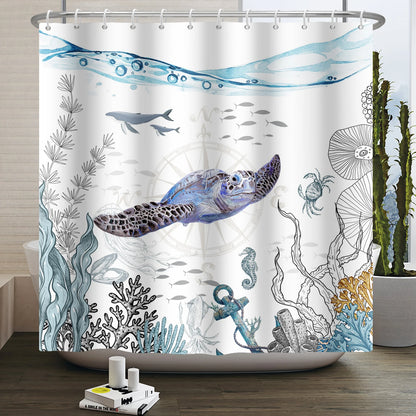 Sea Turtle Shower Curtain Ocean Animals Jellyfish Seahorse Starfish Nautical Underwater Marine Life Waterproof Bathroom Curtain