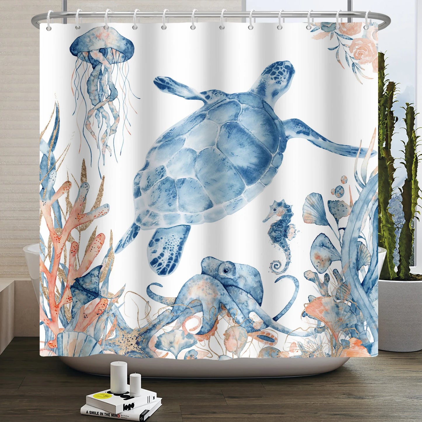Sea Turtle Shower Curtain Ocean Animals Jellyfish Seahorse Starfish Nautical Underwater Marine Life Waterproof Bathroom Curtain