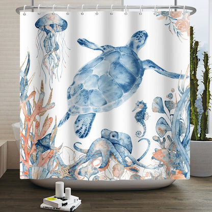 Sea Turtle Shower Curtain Ocean Animals Jellyfish Seahorse Starfish Nautical Underwater Marine Life Waterproof Bathroom Curtain