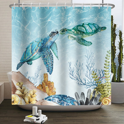 Sea Turtle Shower Curtain Ocean Animals Jellyfish Seahorse Starfish Nautical Underwater Marine Life Waterproof Bathroom Curtain