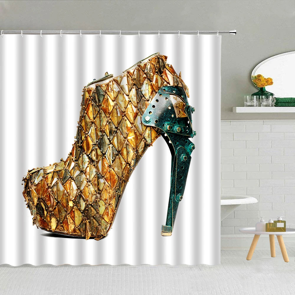 Sexy Red Lips Shower Curtain Mysterious Woman Perfume Bottle Lipstick High Heel Girl Bath Decor Waterproof Fabric Hooks Curtains