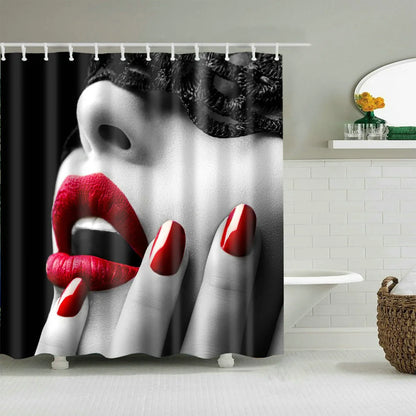 Sexy Red Lips Shower Curtain Mysterious Woman Perfume Bottle Lipstick High Heel Girl Bath Decor Waterproof Fabric Hooks Curtains
