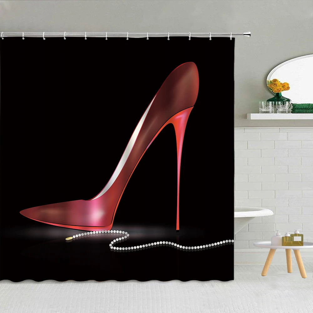 Sexy Red Lips Shower Curtain Mysterious Woman Perfume Bottle Lipstick High Heel Girl Bath Decor Waterproof Fabric Hooks Curtains