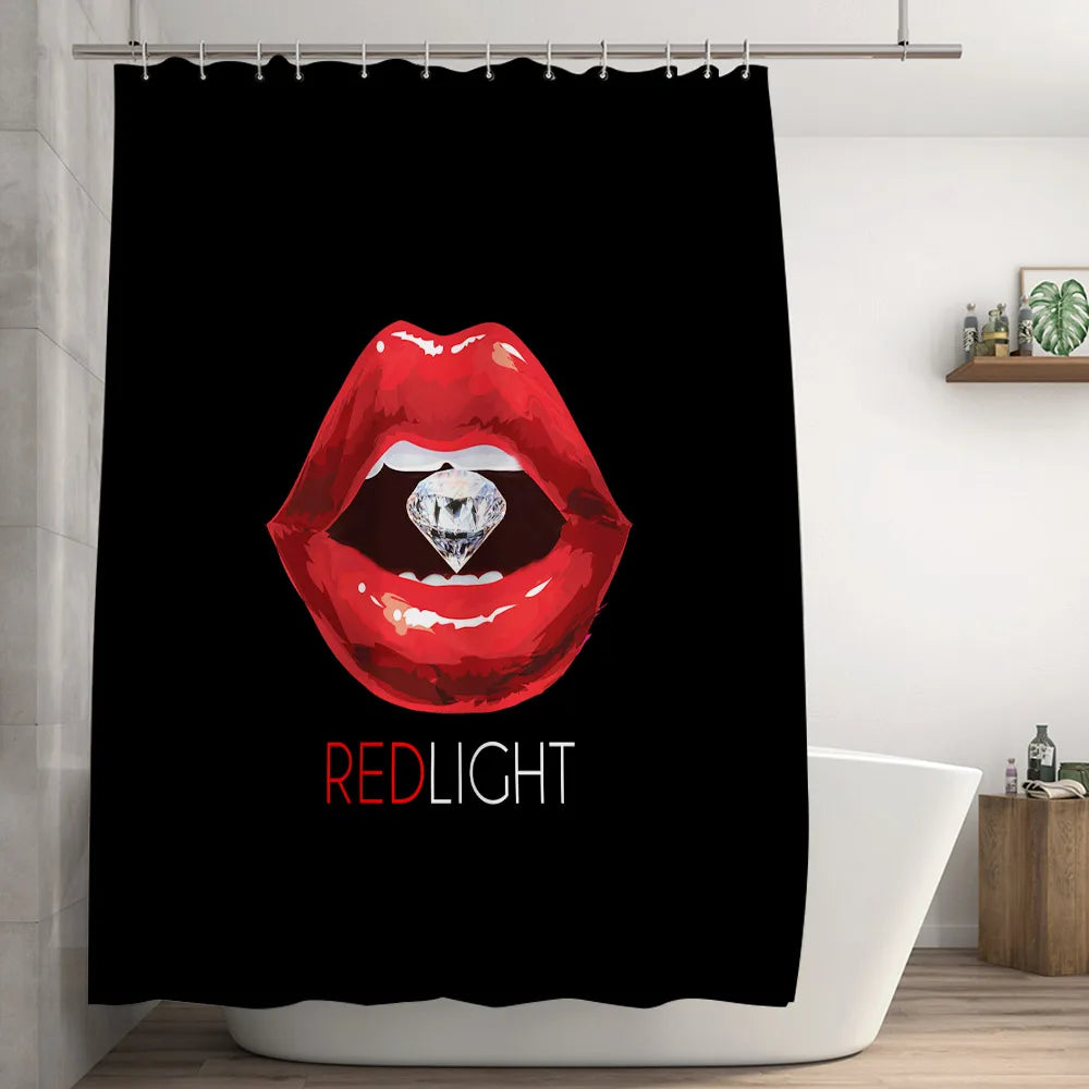 Sexy Red Lips Shower Curtain Mysterious Woman Perfume Bottle Lipstick High Heel Girl Bath Decor Waterproof Fabric Hooks Curtains