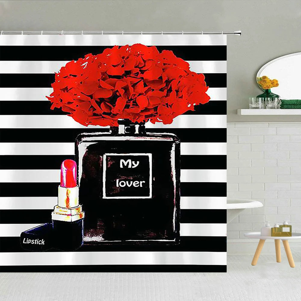 Sexy Red Lips Shower Curtain Mysterious Woman Perfume Bottle Lipstick High Heel Girl Bath Decor Waterproof Fabric Hooks Curtains