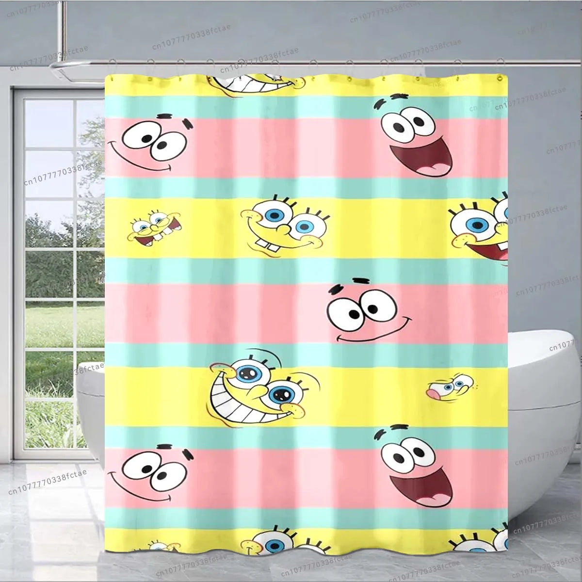 Sponge-bob Cartoon Shower Curtain Cute Animated Pattern Shower Curtain Kid's Bathroom Decoration Shower Curtain Birthday Gift