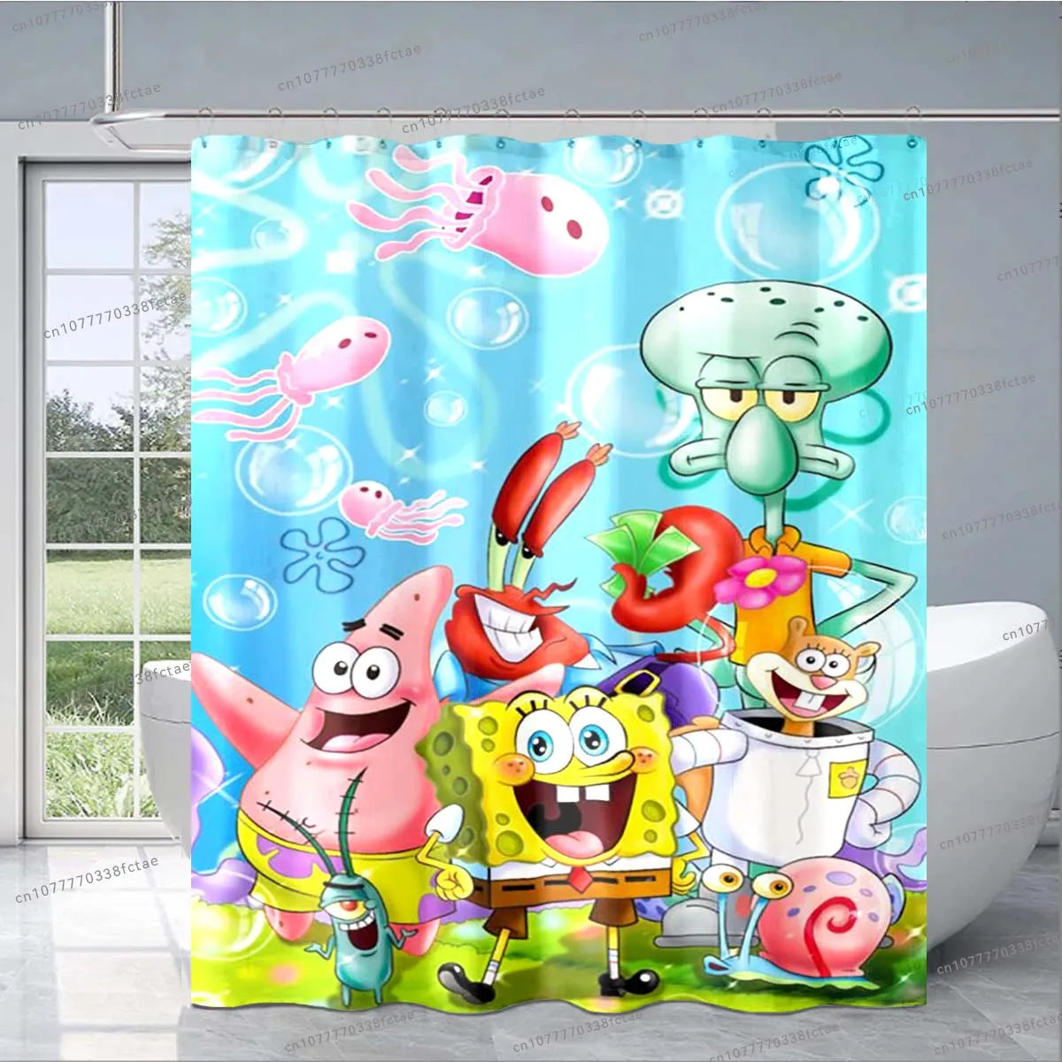 Sponge-bob Cartoon Shower Curtain Cute Animated Pattern Shower Curtain Kid's Bathroom Decoration Shower Curtain Birthday Gift