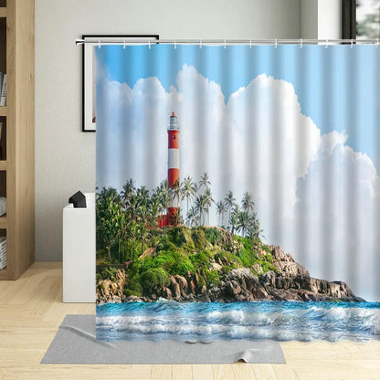 Summer Beach Shower Curtains Sea Palm Tree Bathroom Decor Ocean Scenery Waterproof Curtain With Hooks Polyester Fabric Washable