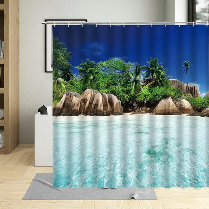 Summer Beach Shower Curtains Sea Palm Tree Bathroom Decor Ocean Scenery Waterproof Curtain With Hooks Polyester Fabric Washable
