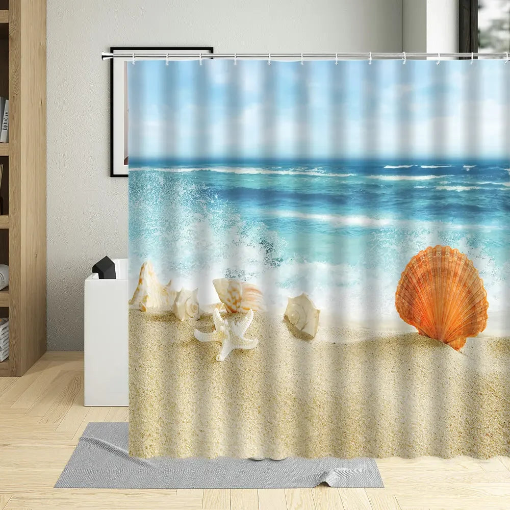 Summer Beach Shower Curtains Sea Palm Tree Bathroom Decor Ocean Scenery Waterproof Curtain With Hooks Polyester Fabric Washable