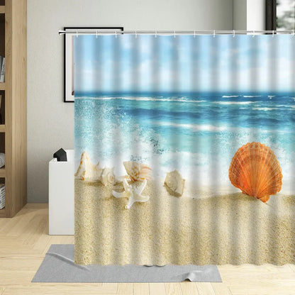 Summer Beach Shower Curtains Sea Palm Tree Bathroom Decor Ocean Scenery Waterproof Curtain With Hooks Polyester Fabric Washable