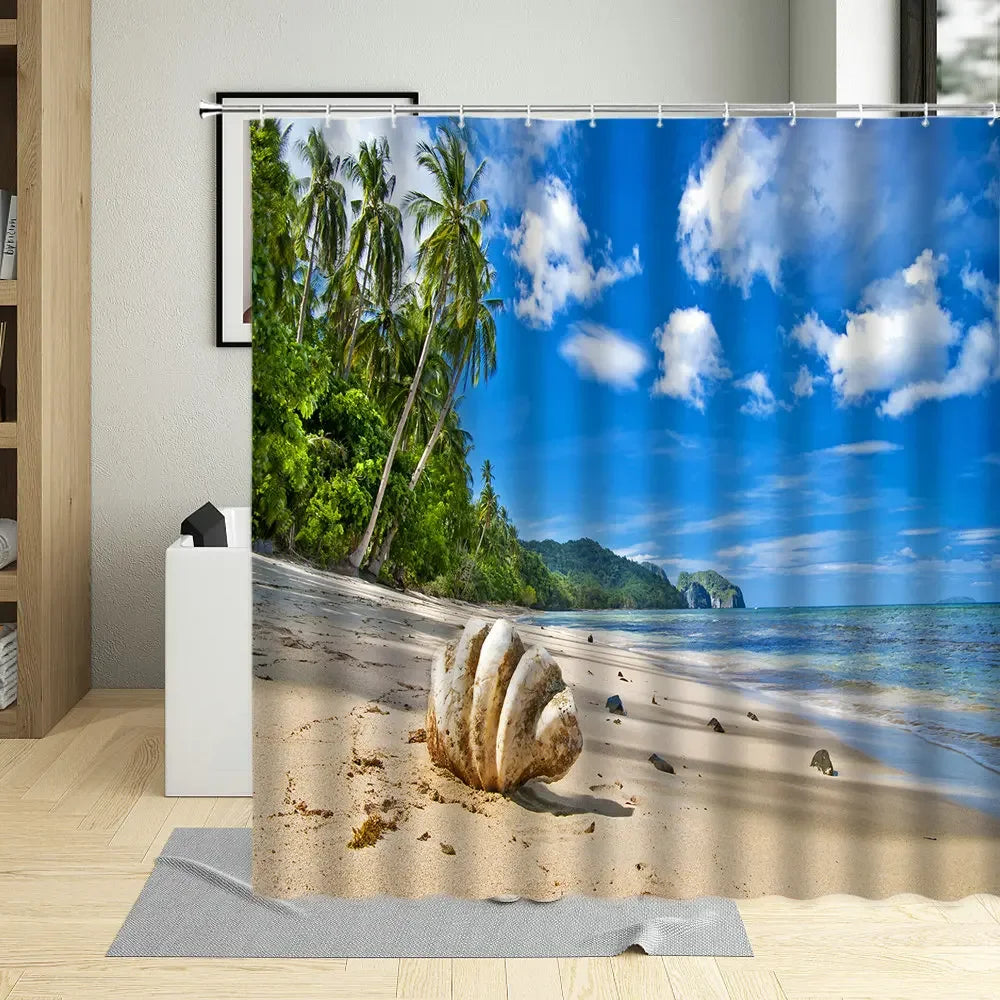 Summer Beach Shower Curtains Sea Palm Tree Bathroom Decor Ocean Scenery Waterproof Curtain With Hooks Polyester Fabric Washable