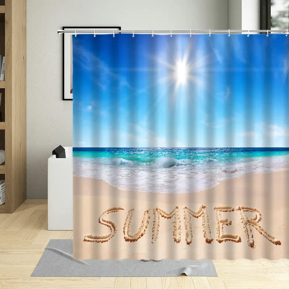 Summer Beach Shower Curtains Sea Palm Tree Bathroom Decor Ocean Scenery Waterproof Curtain With Hooks Polyester Fabric Washable