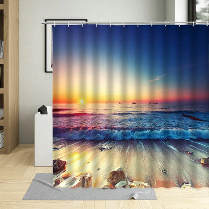 Summer Beach Shower Curtains Sea Palm Tree Bathroom Decor Ocean Scenery Waterproof Curtain With Hooks Polyester Fabric Washable