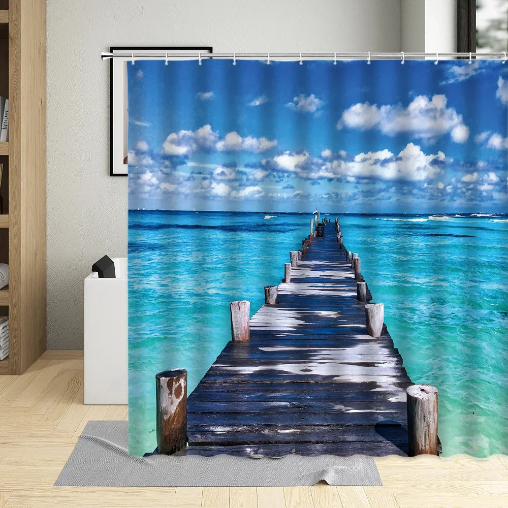 Summer Beach Shower Curtains Sea Palm Tree Bathroom Decor Ocean Scenery Waterproof Curtain With Hooks Polyester Fabric Washable