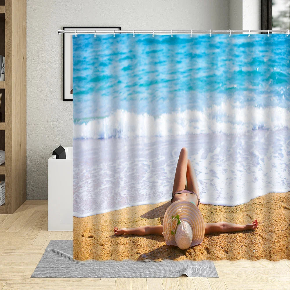 Summer Beach Shower Curtains Sea Palm Tree Bathroom Decor Ocean Scenery Waterproof Curtain With Hooks Polyester Fabric Washable