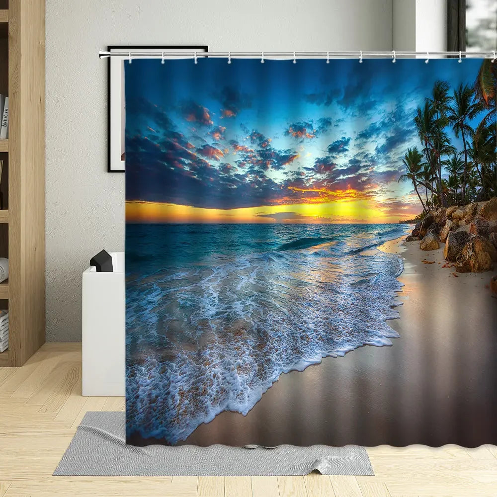 Summer Beach Shower Curtains Sea Palm Tree Bathroom Decor Ocean Scenery Waterproof Curtain With Hooks Polyester Fabric Washable