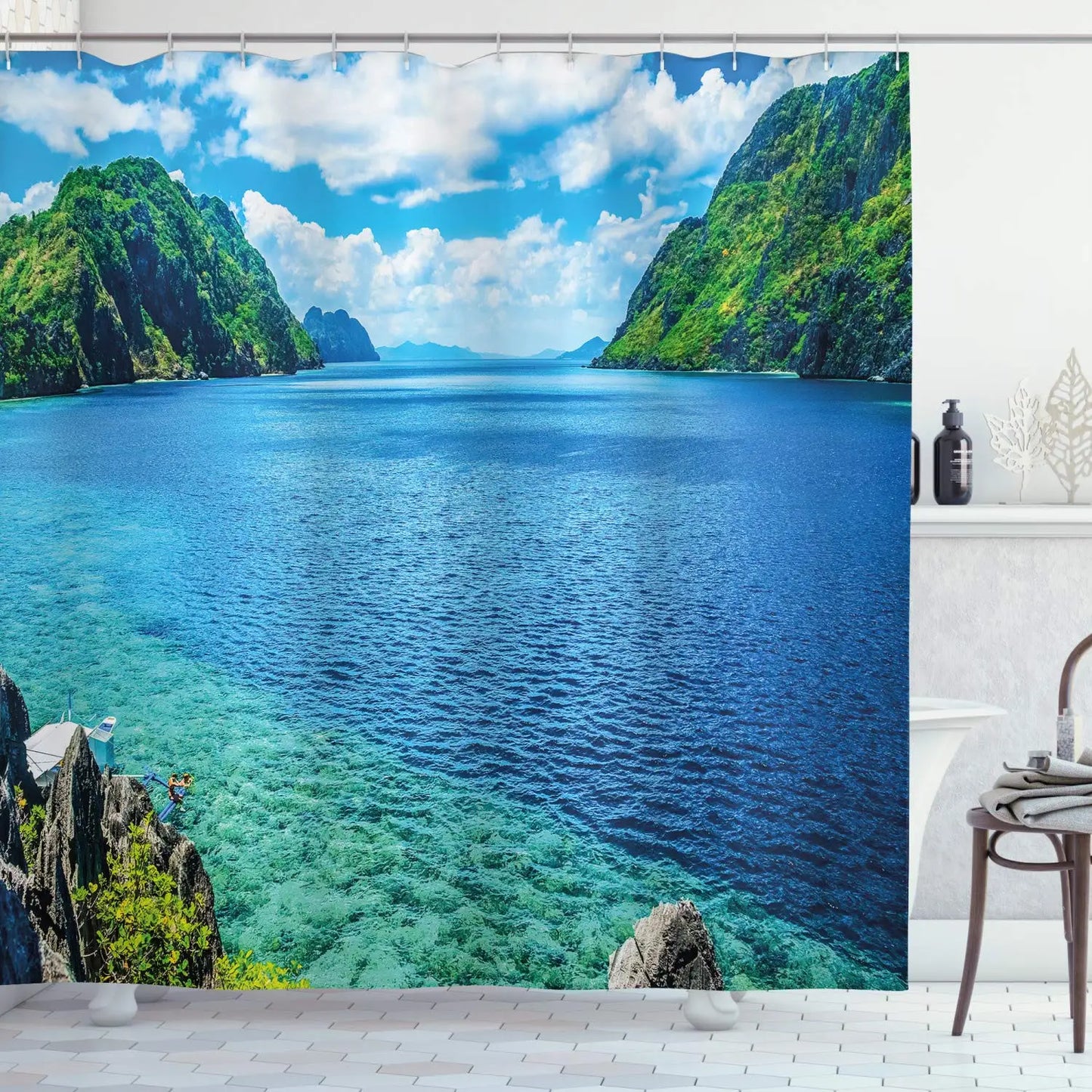 Summer Tropical Beach Scenery Shower Curtain with Hooks Seaside Island Palm Trees Blue Sea Bath Curtain Bathroom Bathtub Decor