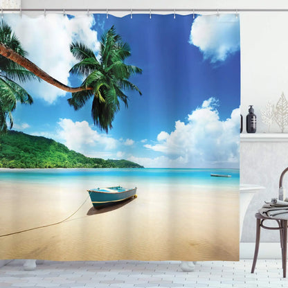 Summer Tropical Beach Scenery Shower Curtain with Hooks Seaside Island Palm Trees Blue Sea Bath Curtain Bathroom Bathtub Decor