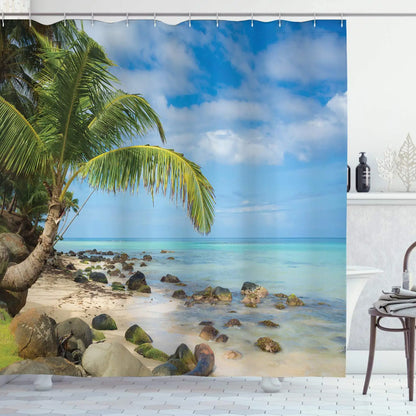 Summer Tropical Beach Scenery Shower Curtain with Hooks Seaside Island Palm Trees Blue Sea Bath Curtain Bathroom Bathtub Decor