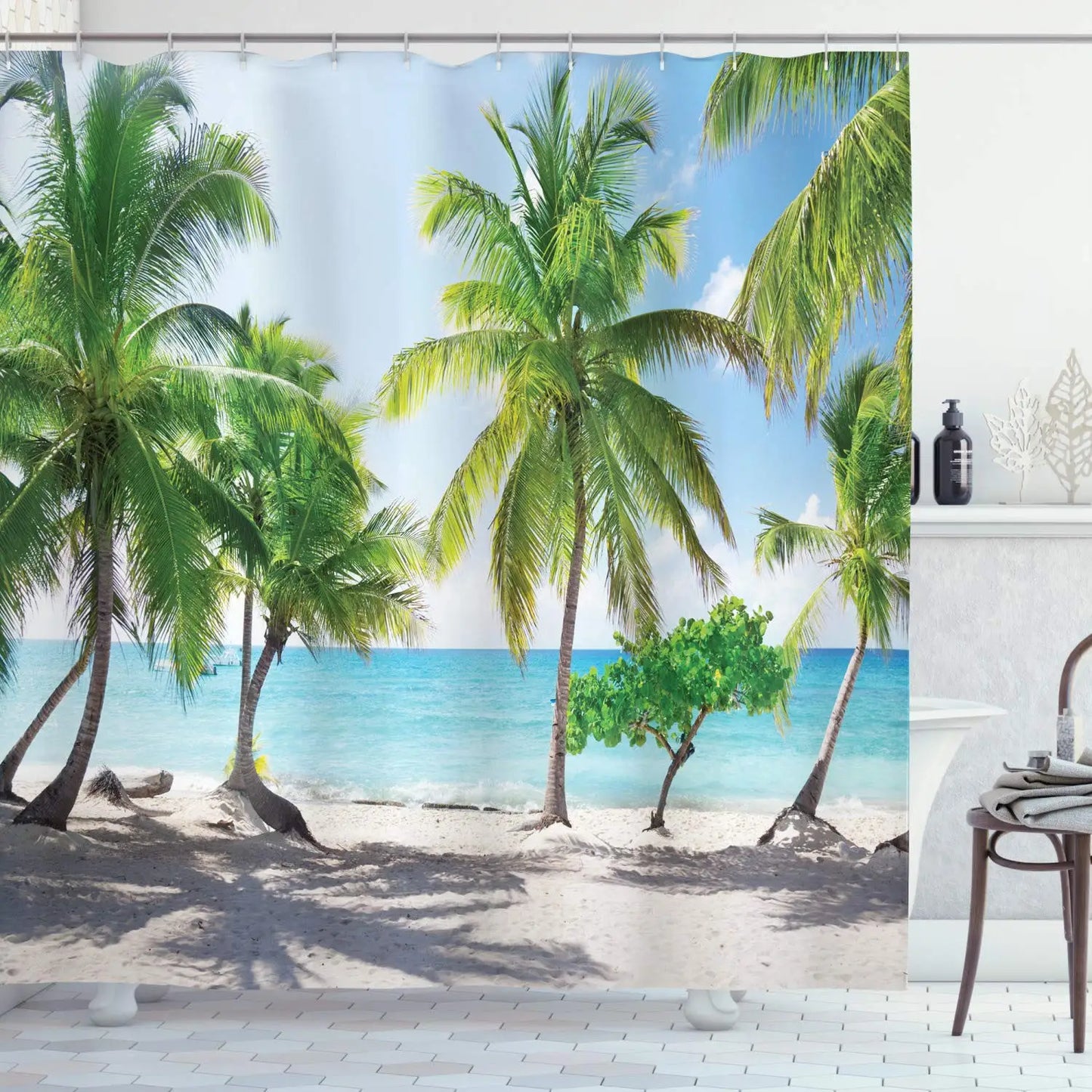 Summer Tropical Beach Scenery Shower Curtain with Hooks Seaside Island Palm Trees Blue Sea Bath Curtain Bathroom Bathtub Decor