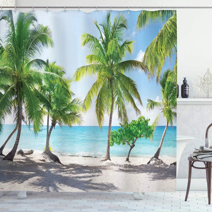 Summer Tropical Beach Scenery Shower Curtain with Hooks Seaside Island Palm Trees Blue Sea Bath Curtain Bathroom Bathtub Decor