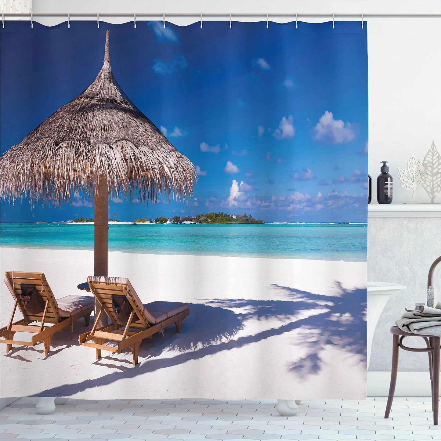 Summer Tropical Beach Scenery Shower Curtain with Hooks Seaside Island Palm Trees Blue Sea Bath Curtain Bathroom Bathtub Decor