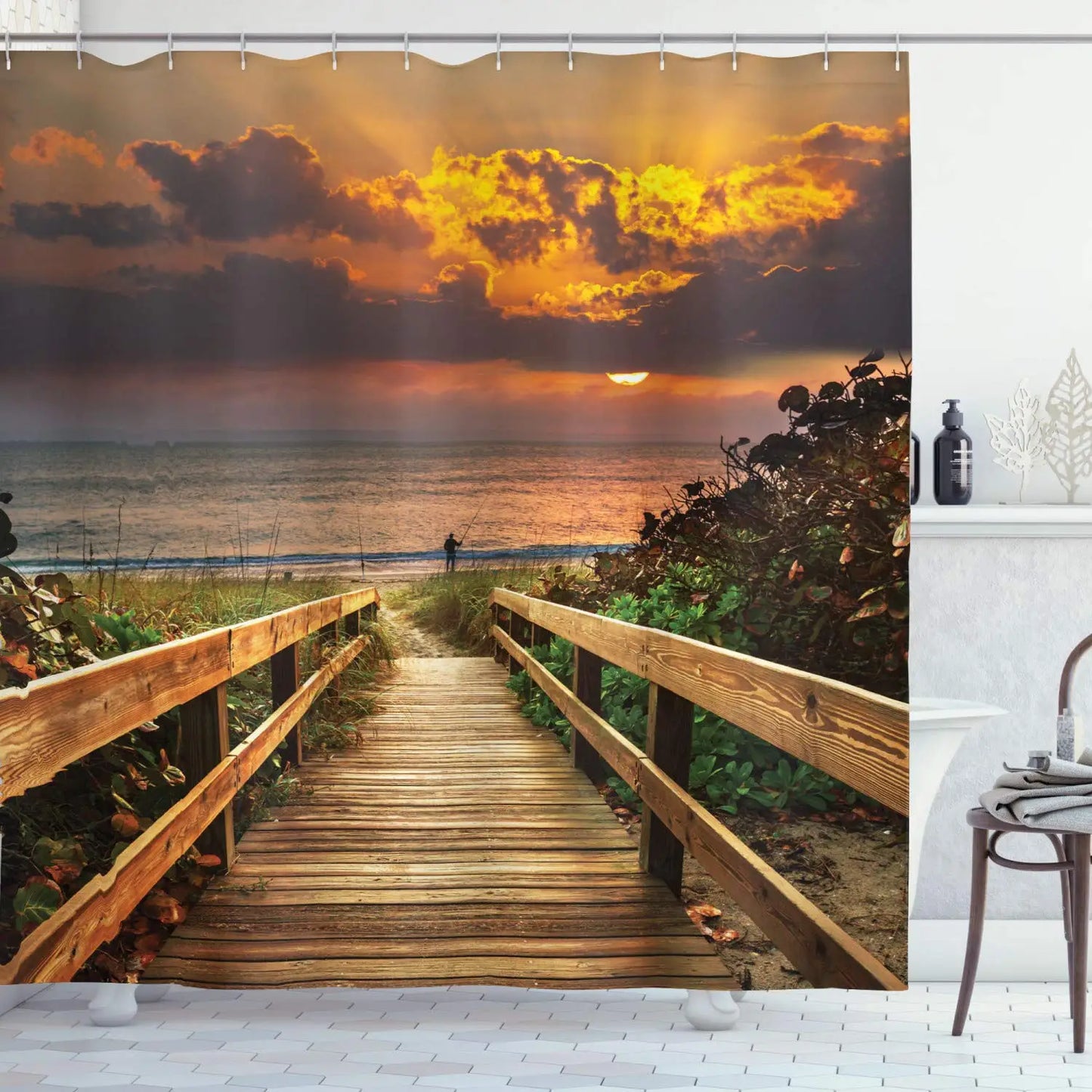 Summer Tropical Beach Scenery Shower Curtain with Hooks Seaside Island Palm Trees Blue Sea Bath Curtain Bathroom Bathtub Decor