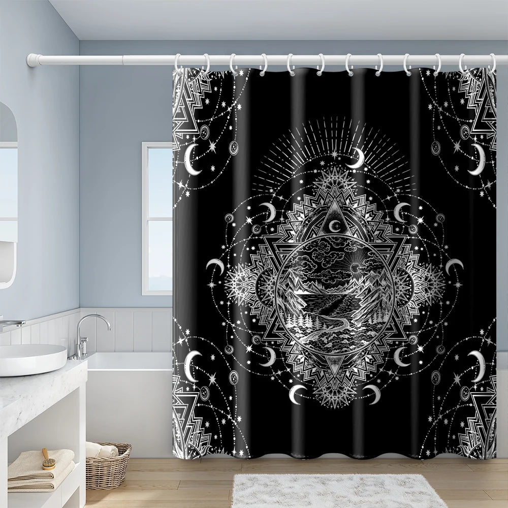Sun Moon Stars Decorative Pattern Shower Curtains Bathroom Curtain Frabic Waterproof Polyester Bath Curtain with Hooks