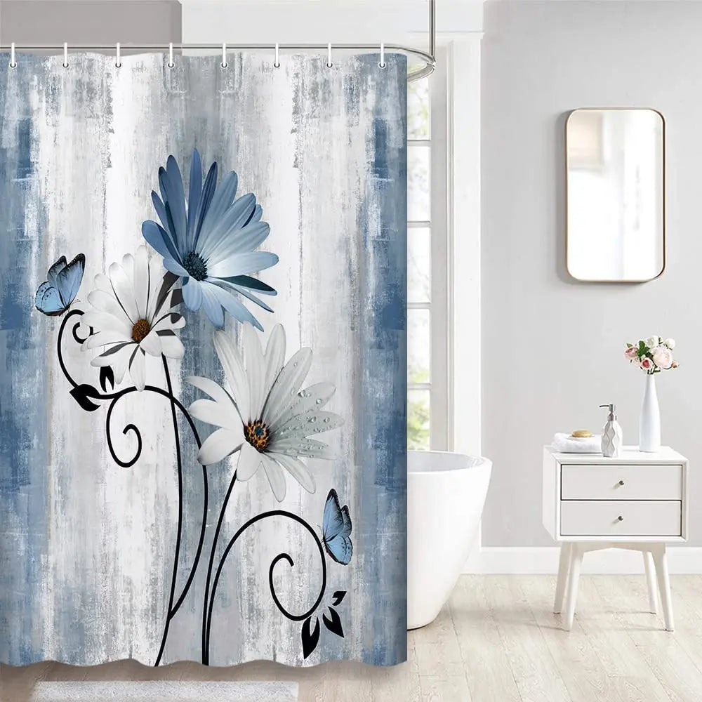 Teal Large Daisy Floral and Butterfly Shower Curtain Turquoise Bathroom Curtain  Waterproof Bathroom Decoration With Hooks