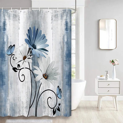 Teal Large Daisy Floral and Butterfly Shower Curtain Turquoise Bathroom Curtain  Waterproof Bathroom Decoration With Hooks