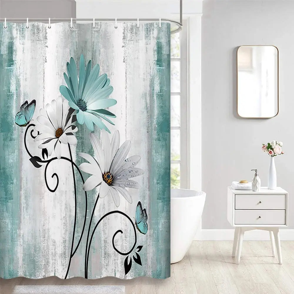 Teal Large Daisy Floral and Butterfly Shower Curtain Turquoise Bathroom Curtain  Waterproof Bathroom Decoration With Hooks
