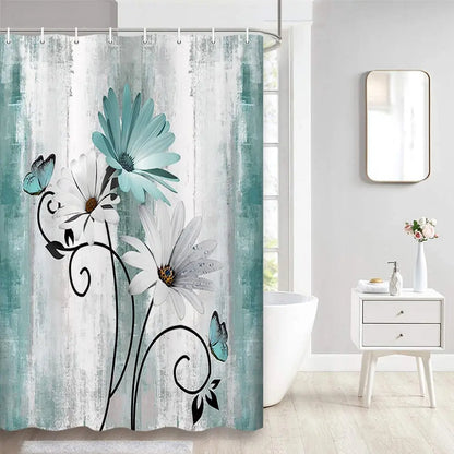 Teal Large Daisy Floral and Butterfly Shower Curtain Turquoise Bathroom Curtain  Waterproof Bathroom Decoration With Hooks