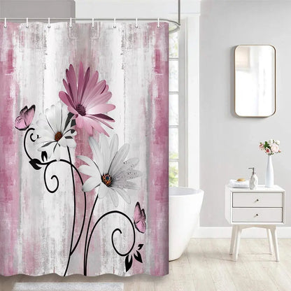 Teal Large Daisy Floral and Butterfly Shower Curtain Turquoise Bathroom Curtain  Waterproof Bathroom Decoration With Hooks