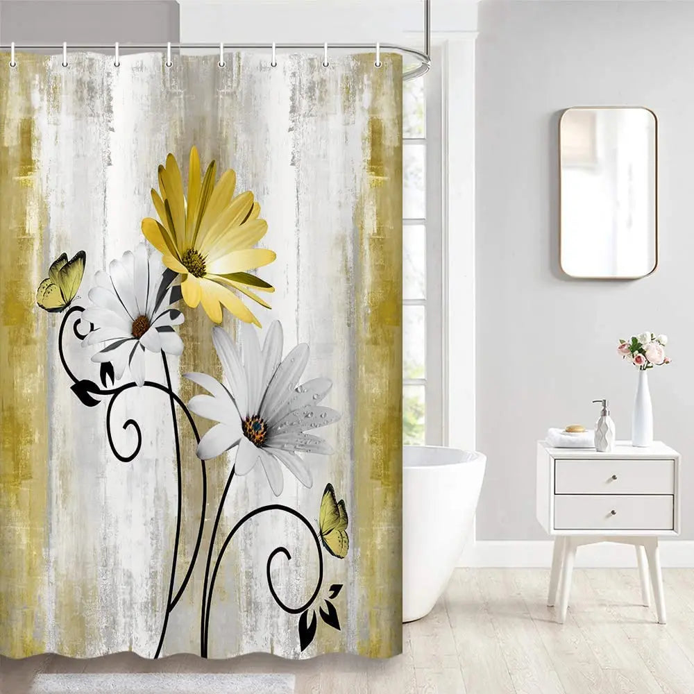 Teal Large Daisy Floral and Butterfly Shower Curtain Turquoise Bathroom Curtain  Waterproof Bathroom Decoration With Hooks