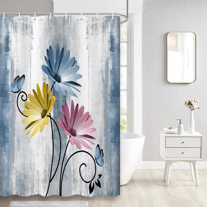 Teal Large Daisy Floral and Butterfly Shower Curtain Turquoise Bathroom Curtain  Waterproof Bathroom Decoration With Hooks